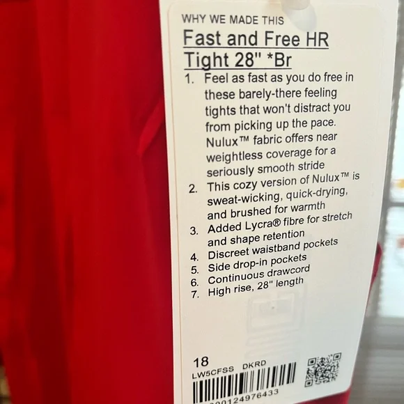 LULULEMON NWT AUTHENTIC FAST FREE WEIGHTLESS NULUX FABRIC RED LEGGINGS - Picture 6 of 16